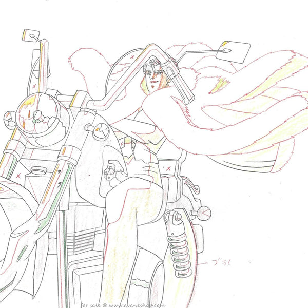 Hand drawn anime douga sketch of Lucifer from the Angel Cop anime OVA. This is an anime drawing of a woman riding a motorcycle without using her hands. She is wearing a fur coat which is billowing in the wind.
