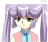 Hand painted anime cel from CLAMP campus detectives, also know as clamp school detectives. This features Nagisa Azua, a young anime girl with long purple hair and gray eyes in  a blue and pink outfit.