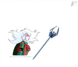 A hand painted anime cel from Cutey Honey Flash. This is Freddy Claw a female anime character with white hair flowing into the air. She is wearing a military style uniform and holding a futuristic looking Trident.