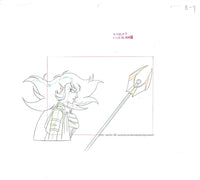 A hand painted anime cel from Cutey Honey Flash. This is Freddy Claw a female anime character with hair flowing into the air. She is wearing a military style uniform and holding a futuristic looking Trident.