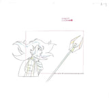A hand painted anime cel from Cutey Honey Flash. This is Freddy Claw a female anime character with hair flowing into the air. She is wearing a military style uniform and holding a futuristic looking Trident.