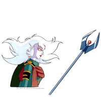 A hand painted anime cel from Cutey Honey Flash. This is Freddy Claw a female anime character with white hair flowing into the air. She is wearing a military style uniform and holding a futuristic looking Trident.