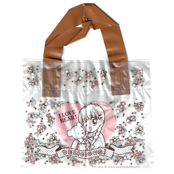 Small Clear plastic tote shaped bag with Pink and brown accent and anime manga style images of a young girl and Multiple Teddy bears from the Manga Delicious! drawn by Yui Ayumi.