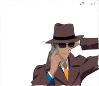 Hand Painted animation cel from the Japanese anime Galaxy Angel.  This is an anime cel of a man in a brown hat and suit wearing dark sunglasses.