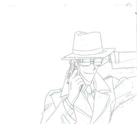 Hand drawn animation sketch from the Japanese anime Galaxy Angel.  This is an anime douga of a man in a hat and suit wearing sunglasses.