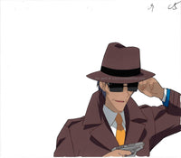 Hand Painted animation cel from the Japanese anime Galaxy Angel.  This is an anime cel of a man in a brown hat and suit wearing dark sunglasses.