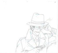 Hand drawn animation sketch from the Japanese anime Galaxy Angel.  This is an anime douga of a man in a hat and suit wearing sunglasses.