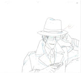 Hand drawn animation sketch from the Japanese anime Galaxy Angel.  This is an anime douga of a man in a hat and suit wearing sunglasses.