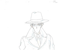 Hand drawn animation sketch from the Japanese anime Galaxy Angel.  This is an anime douga of a man in a  hat and suit.