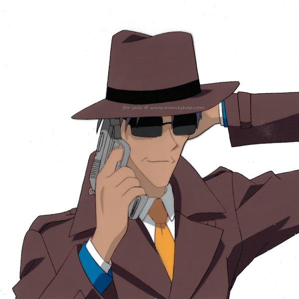 Hand Painted animation cel from the Japanese anime Galaxy Angel.  This is an anime cel of a man in a brown hat and suit wearing dark sunglasses.