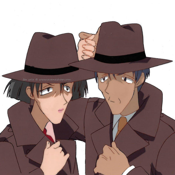 hand painted animation cel from the galaxy angel anime. This Galaxy Angel anime cel is of anime man in woman in brown hats and trench coats.