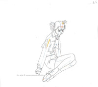 hand drawn anime sketch, douga,  from the Kite OVA by Yasuomi Umetsu. This is an animation sketch of Sawa, an anime girl with hair in 2 braided tails in loops. She is wearing an outfit with a shirt, jacket, skirt and Mary jane style shoes with socks.