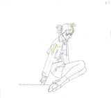 hand drawn anime sketch, douga,  from the Kite OVA by Yasuomi Umetsu. This is an animation sketch of Sawa, an anime girl with hair in 2 braided tails in loops. She is wearing an outfit with a shirt, jacket, skirt and Mary jane style shoes with socks.
