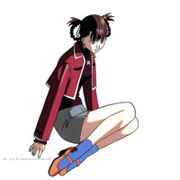 hand painted anime cel from the Kite OVA by Yasuomi Umetsu. This is an animation cel of Sawa, an anime girl with brown hair in 2 braided tails in loops. She is wearing an outfit with a shirt, jacket, skirt and Mary jane style shoes with socks.