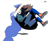 Hand Painted animation cel from the Kite  anime OVA. This is young Sawa, a young girl wearing a short dress, knee Socks and boots. There is a column of smoke or steam behind her.