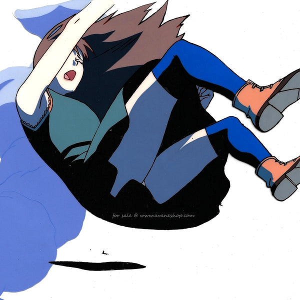 Hand Painted animation cel from the Kite  anime OVA. This is young Sawa, a brown haired young girl with pale skin wearing a short dress, knee Socks and boots. There is a column of smoke or steam behind her.