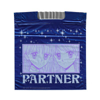 Blue plastic bag with white sparkles featuring art of two Anime style Manga characters from the Manga Partner drawn by Miho Obana.