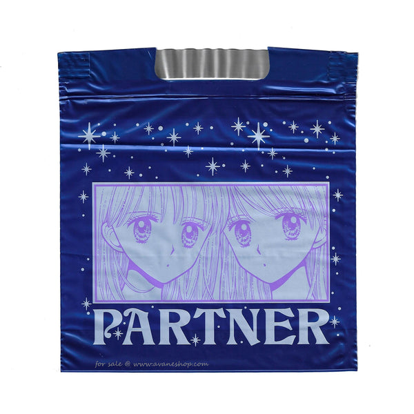 Blue plastic bag with white sparkles featuring art of two Anime style Manga characters from the Manga Partner drawn by Miho Obana.