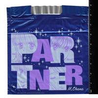 Blue plastic bag with white sparkles featuring art of two Anime style Manga characters from the Manga Partner drawn by Miho Obana.