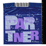 Blue plastic bag with white sparkles featuring art of two Anime style Manga characters from the Manga Partner drawn by Miho Obana.