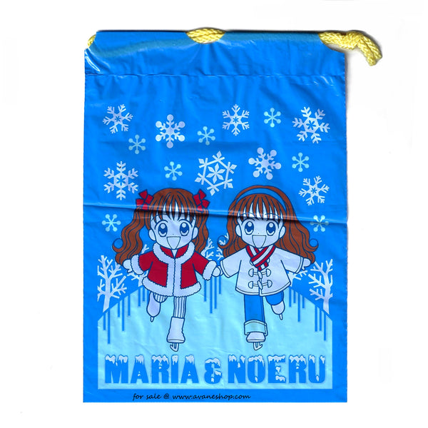 a small blue drawstring bag with snow flakes and 2 brown haired anime girls in ice skate from the Mint Na Bokura manga