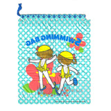 A Plastic bag with a blue lattice background and cute anime girls in yellow swimsuits from the Miracle Girls Manga in the foreground.