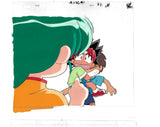 Hand Painted animation cel from Mon Colle Knights. This shows the back of a green haired anime girl, Rokuna, talking to a black and red haired anime boy, Mondo who looks shocked.