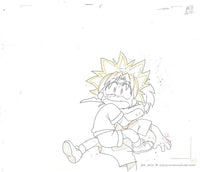 Hand drawn animation cel sketch, a douga from Mon Colle Knights. This pencil drawing shows the back of an anime girl, Rokuna, talking to an anime boy, Mondo who looks shocked.