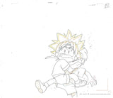 Hand drawn animation cel sketch, a douga from Mon Colle Knights. This pencil drawing shows the back of an anime girl, Rokuna, talking to an anime boy, Mondo who looks shocked.