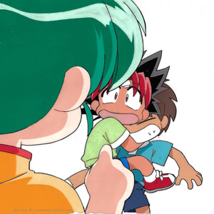 Hand Painted animation cel from Mon Colle Knights. This shows the back of a green haired anime girl, Rokuna, talking to a black and red haired anime boy, Mondo who looks shocked.