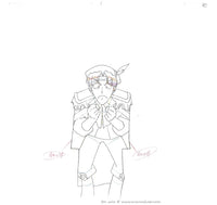 Hand drawn anime cel sketch, a douga of Prince Eccentro from MonColle Knights. This is a pencil sketch of anime man wearing a suit with epaulettes and a  hat with a feather in it, he is holding up his hands in fists and making an angry face.