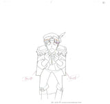 Hand drawn anime cel sketch, a douga of Prince Eccentro from MonColle Knights. This is a pencil sketch of anime man wearing a suit with epaulettes and a  hat with a feather in it, he is holding up his hands in fists and making an angry face.