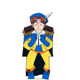 hand Painted anime cel of Prince Eccentro from MonColle Knights. This is a cel of anime man wearing a blue and yellow suit with epaulettes and a blue hat with a feather in it, he is holding up his hands in fists and making an angry face.