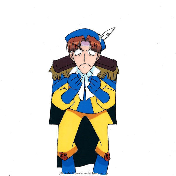 hand Painted anime cel of Prince Eccentro from MonColle Knights. This is a cel of anime man wearing a blue and yellow suit with epaulettes and a blue hat with a feather in it, he is holding up his hands in fists and making an angry face.