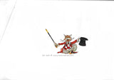 Animation production cel from a Purina Cat Food commerical which features an orange cat with a big white mustache wearing a suite and holding a top hat and cane.