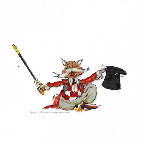 Animation production cel from a Purina Cat Food commerical which features an orange cat with a big white mustache wearing a suite and holding a top hat and cane.