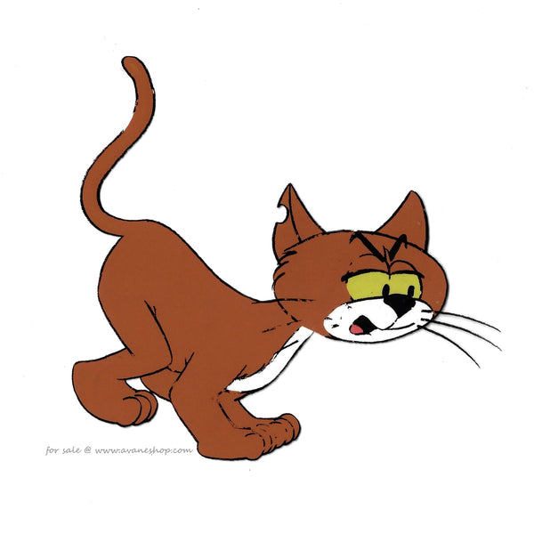 Hand Painted animation cel of Gargmel's cat Azrael. A brownish orange cat with a white belly and muzzle walking on all fours.