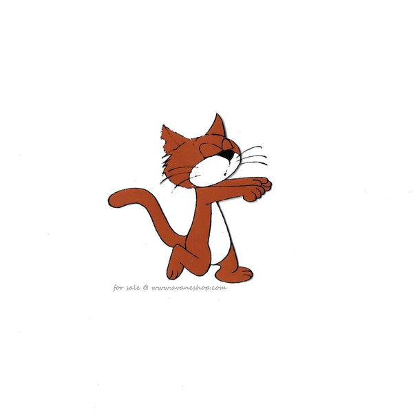Hand Painted animation cel of Gargmel's cat Azrael. A brownish orange cat walking on his hind legs, eyes closed and arms in front of him.