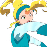 This is an anime cel of Mutsuki Nenga from Space Pirate Mito. A blonde female anime character with green eyes and a blue outfit. 
