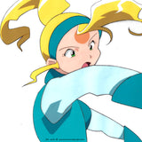This is an anime cel of Mutsuki Nenga from Space Pirate Mito. A blonde female anime character with green eyes and a blue outfit. 