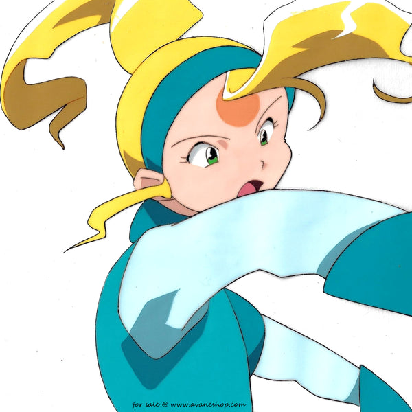 This is an anime cel of Mutsuki Nenga from Space Pirate Mito. A blonde female anime character with green eyes and a blue outfit. 