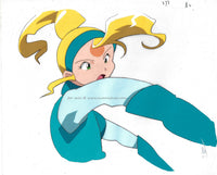 This is an anime cel of Mutsuki Nenga from Space Pirate Mito. A blonde female anime character with green eyes and a blue outfit.