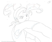 This is an anime cel sketch, douga, of Mutsuki Nenga from Space Pirate Mito. A female anime character with hair in a ponytail wearing a full outfit, with gloves headband. 