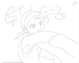 This is an anime cel sketch, douga, of Mutsuki Nenga from Space Pirate Mito. A female anime character with hair in a ponytail wearing a full outfit, with gloves headband. 
