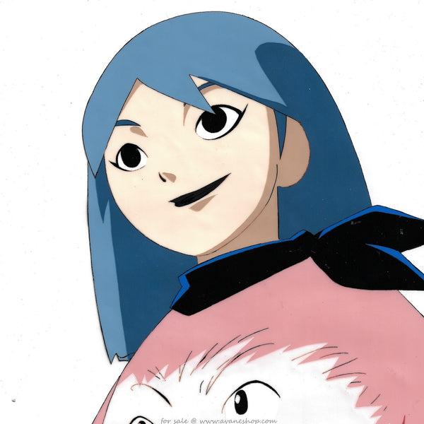 Hand painted anime cel from Space Pirate Mito. This is an anime girl with shoulder length blue hait, black eyes, black lipstick, a black scarf and pink shirt with a face.