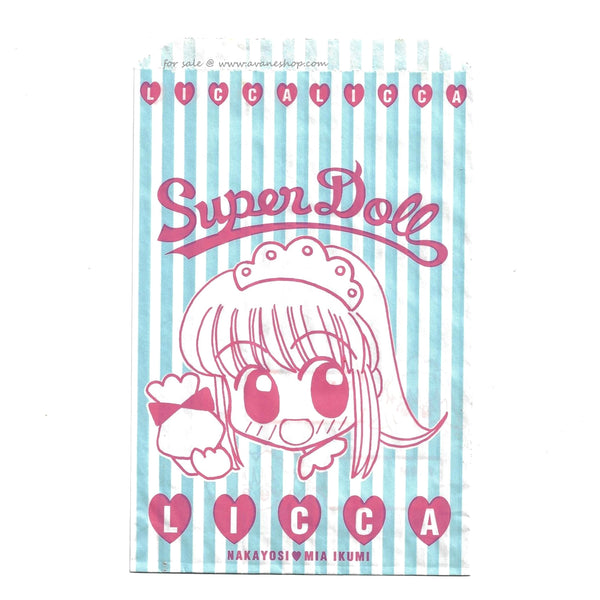 Blue and white striped paper bag with a manga illustration of the popular japanese licca doll. Art drawn by Mia Ikumi who was best known for creating Tokyo Mew Mew.