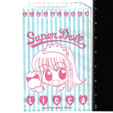 Blue and white striped paper bag with a manga illustration of the popular japanese licca doll. Art drawn by Mia Ikumi who was best known for creating Tokyo Mew Mew.