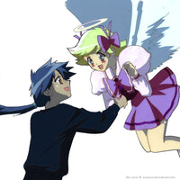 Anime cel from the final episode of Tenshi Ni Narumon, also known as Tennimon and I'm gonna be an angel. Animation cel of Yuusuke, an anime boy with blue hair in a pony tail and Noelle and anime angle girl with blond hair. Noelle is wearing a pink outfit with matching hair bow and has large white wings and a halo over her head. Both anime characters are very happy. 