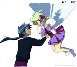 Anime cel from the final episode of Tenshi Ni Narumon, also known as Tennimon and I'm gonna be an angel. Animation cel of Yuusuke, an anime boy with blue hair in a pony tail and Noelle and anime angle girl with blond hair.  Noelle is wearing a pink outfit with matching hair bow and has large white wings and a halo over her head. Both anime characters are very happy. 
