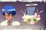 Hand Painted animation cel and matching hand painted background from Tenshi Ni Narumon (also known as Tennimon and I'm gonna be an Angel) This is Yuusuke, a blue haired anime boy wearing a suit with a tie and Noelle, A blonde anime girl with pink bows in her hair, a metal bucket on the top of her head and a halo. The hand painted animation cel background behind  the characters is a soft ombre color gradiant going from mauve to a dusty purple gray.